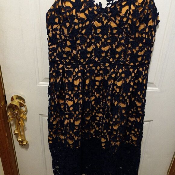 FEW MODA, Floral Navy Lace Crochet Overlay  Spaghetti Strap Dress - Picture 2 of 7